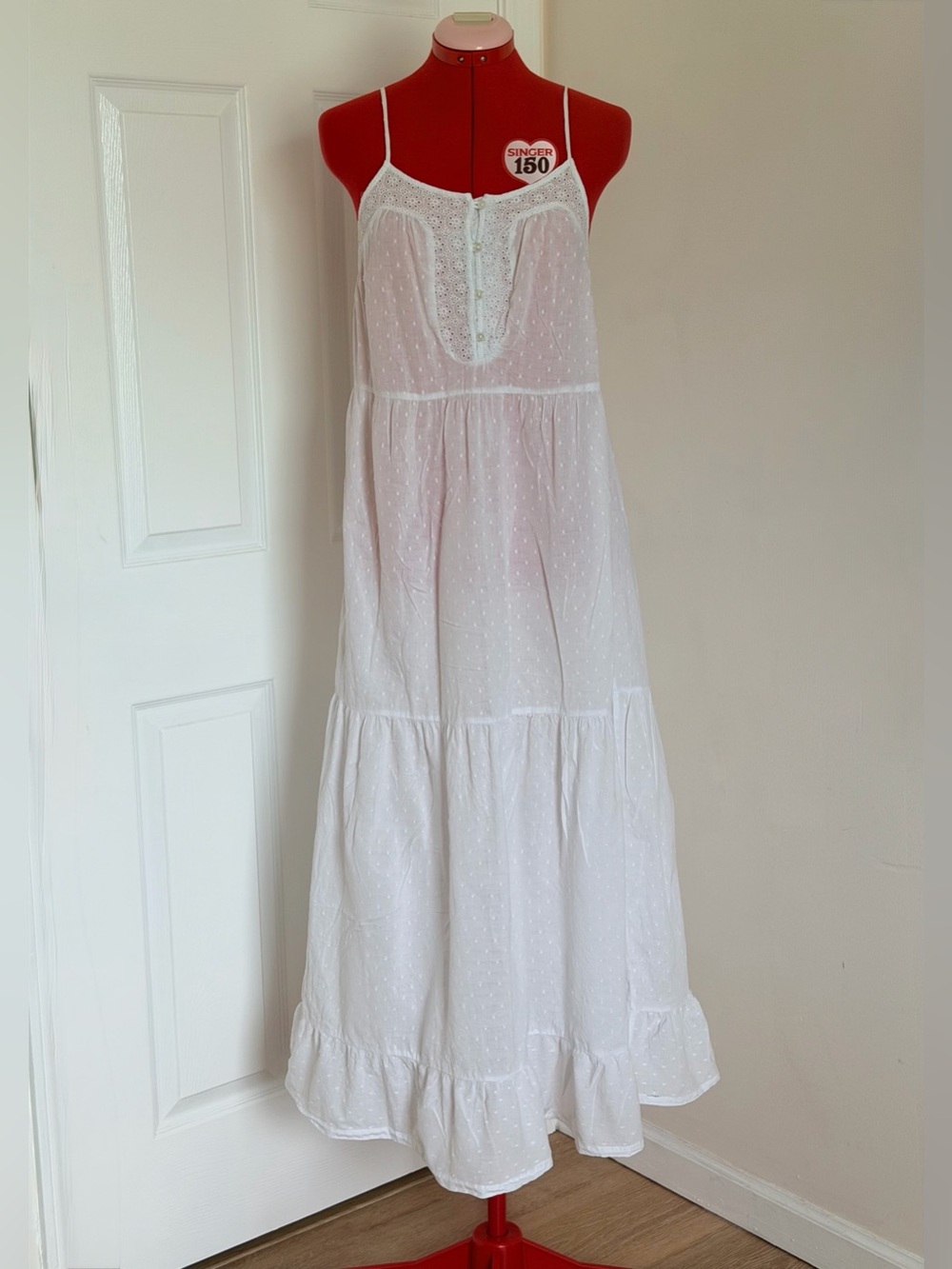 Artisan NY Cotton Maxi Dress Nightgown White Eyelet Swiss Dot Tier Cottage S–XS